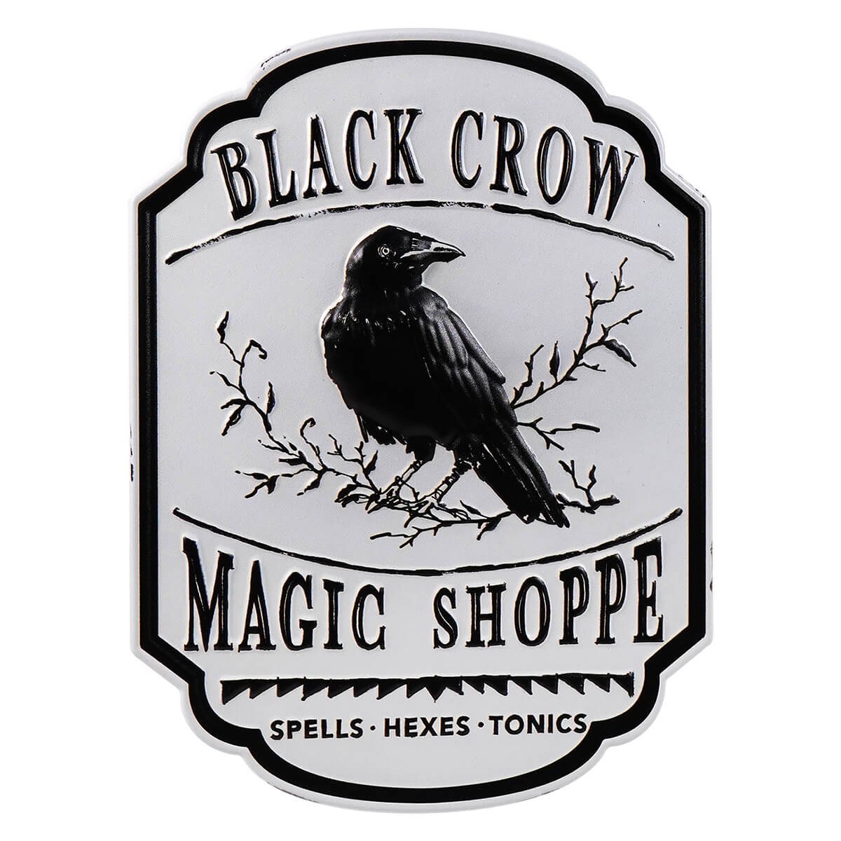 Sign for a magic shop featuring a black crow perched on a branch.