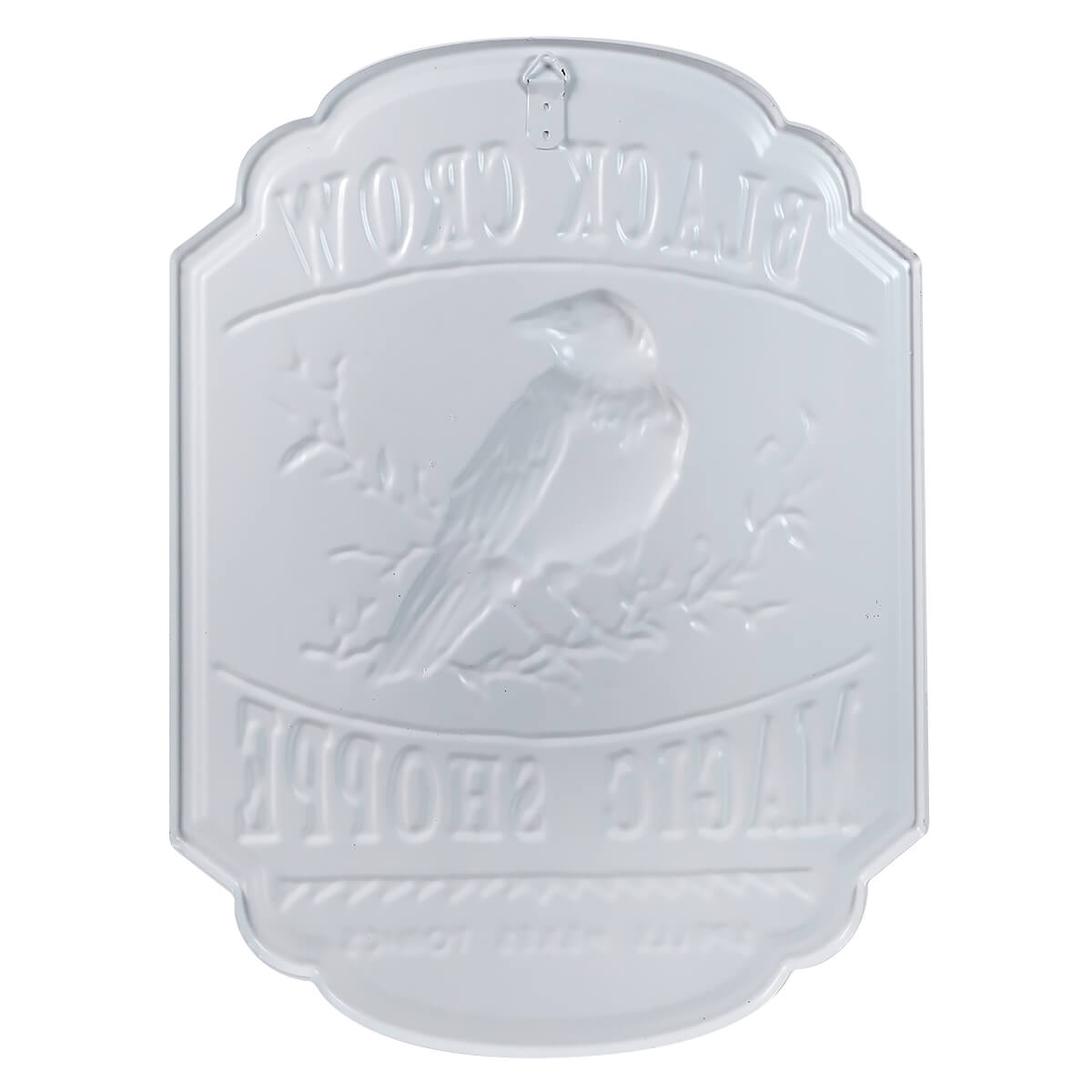 Decorative white plaque featuring a bird design and text.