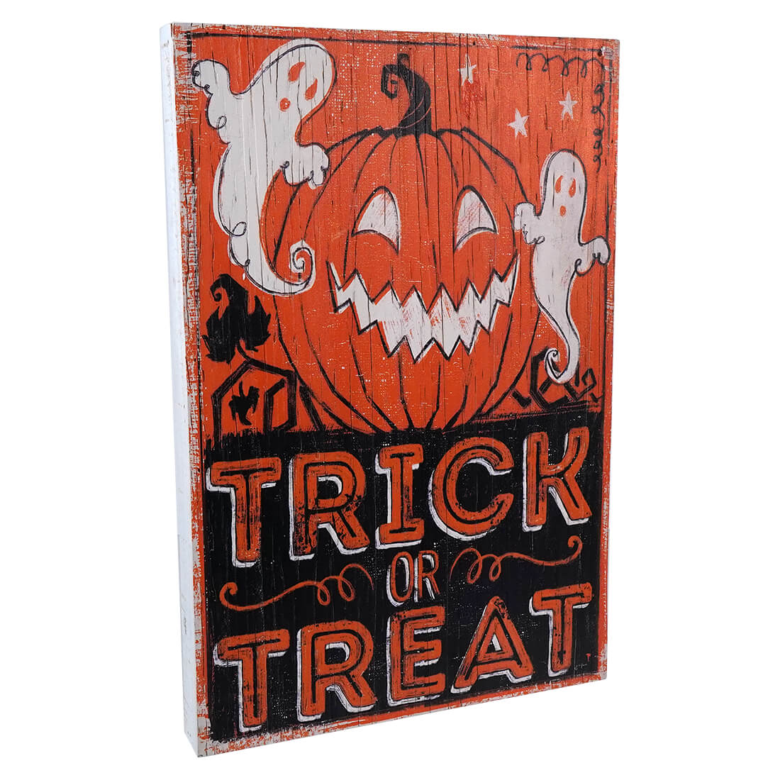 Halloween-themed wooden sign featuring a jack-o’-lantern, ghosts, and ’TRICK OR TREAT’ text in orange and black colors.
