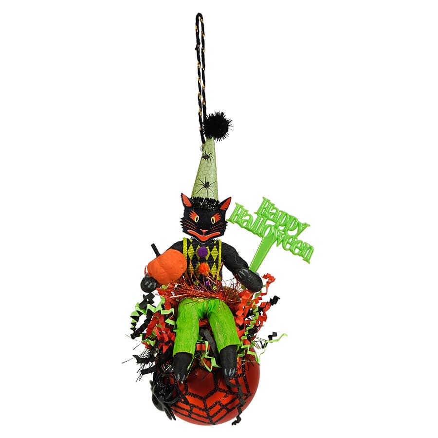 Black Cat Boy on Orange Spider Ball Ornament