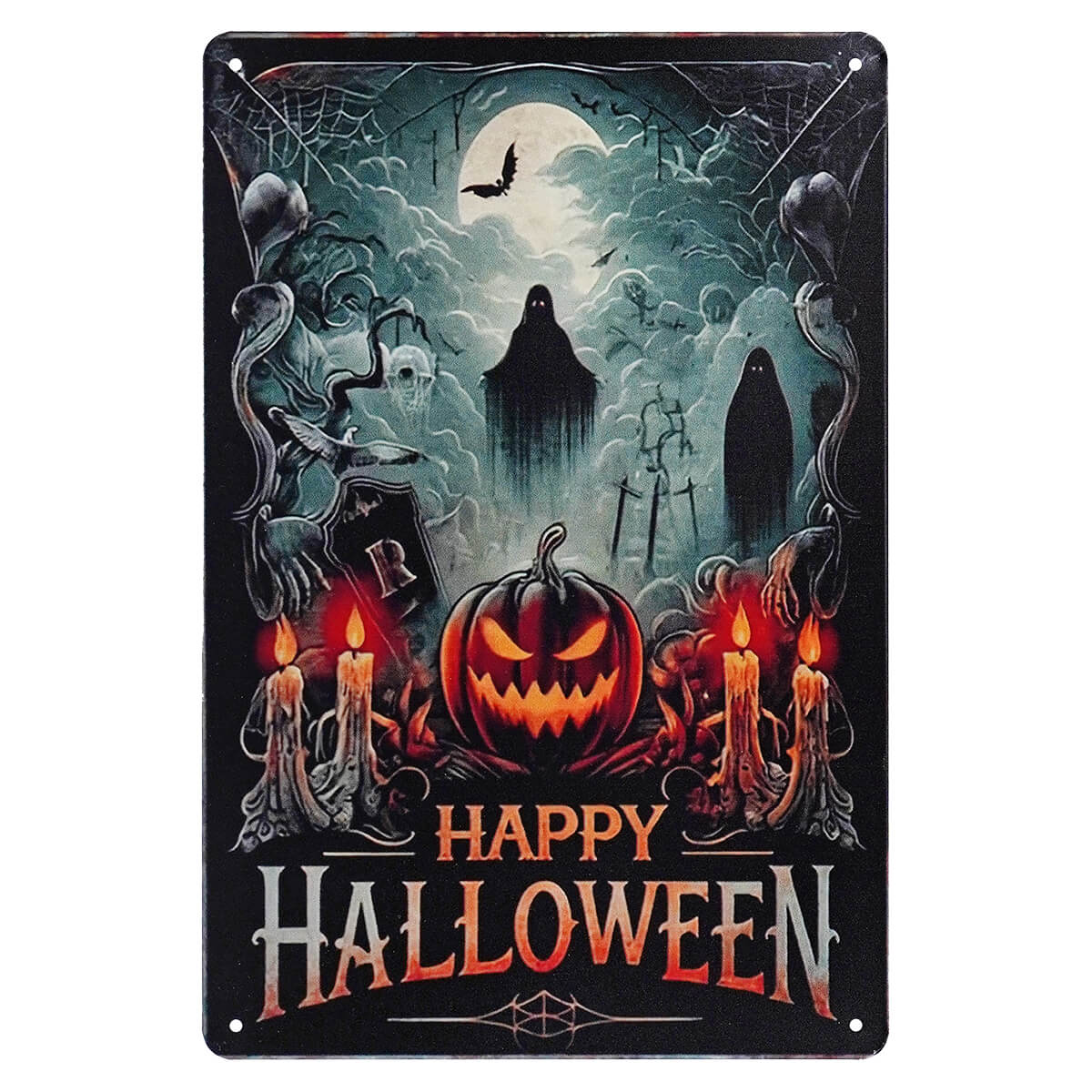 Retro "Happy Halloween" Jack-O'-Lantern & Phantom Cemetary Scene Metal Sign