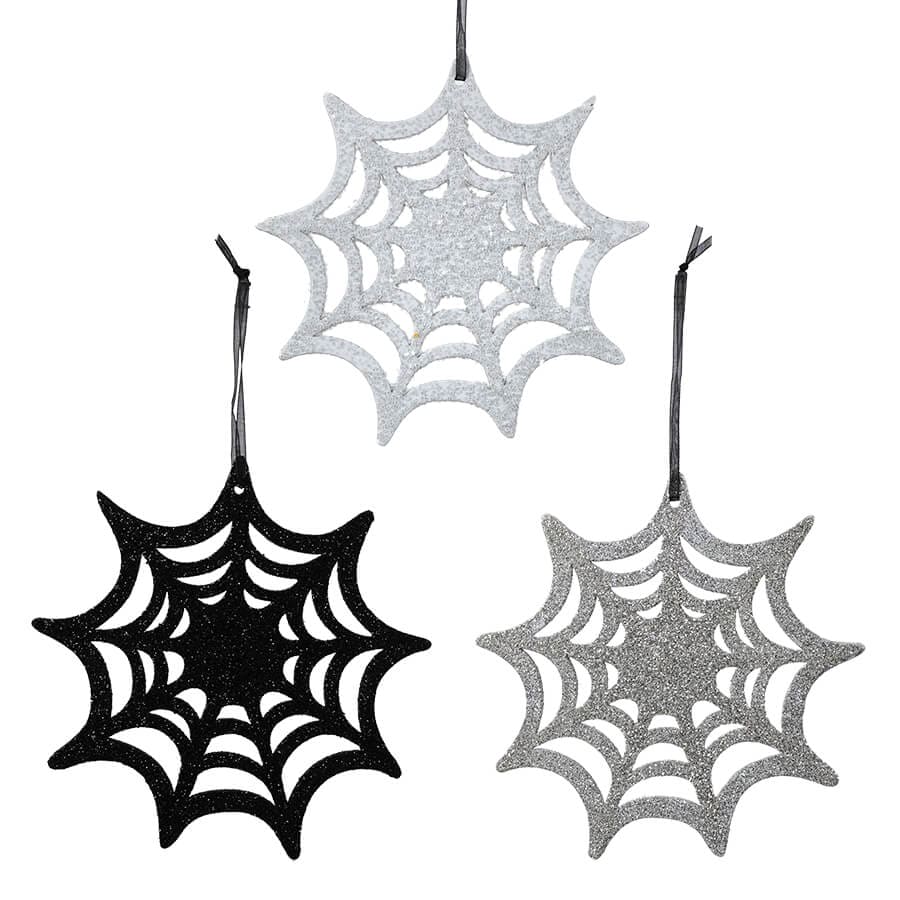 Glittered Black White & Silver Spider Web Ornaments Set/3 - Ornaments