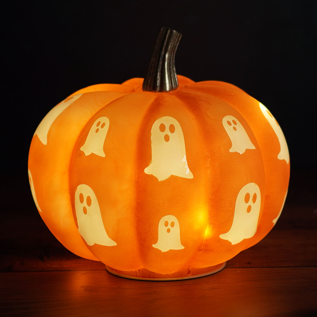 7" Lighted Glass Orange Pumpkin With Spooky Ghosts