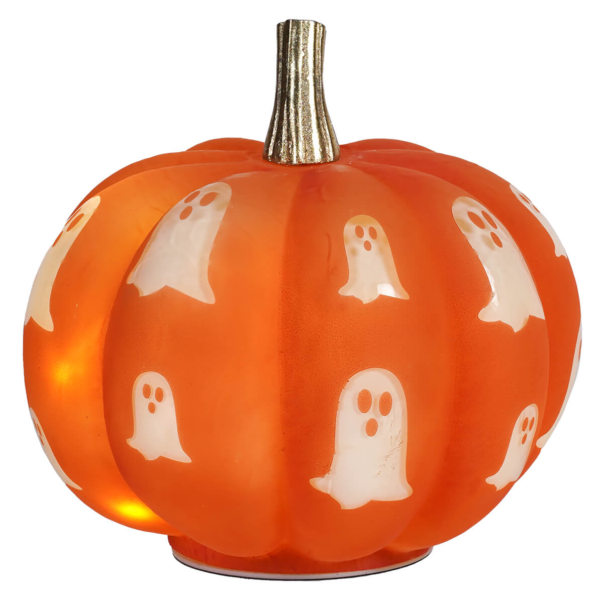 7" Lighted Glass Orange Pumpkin With Spooky Ghosts