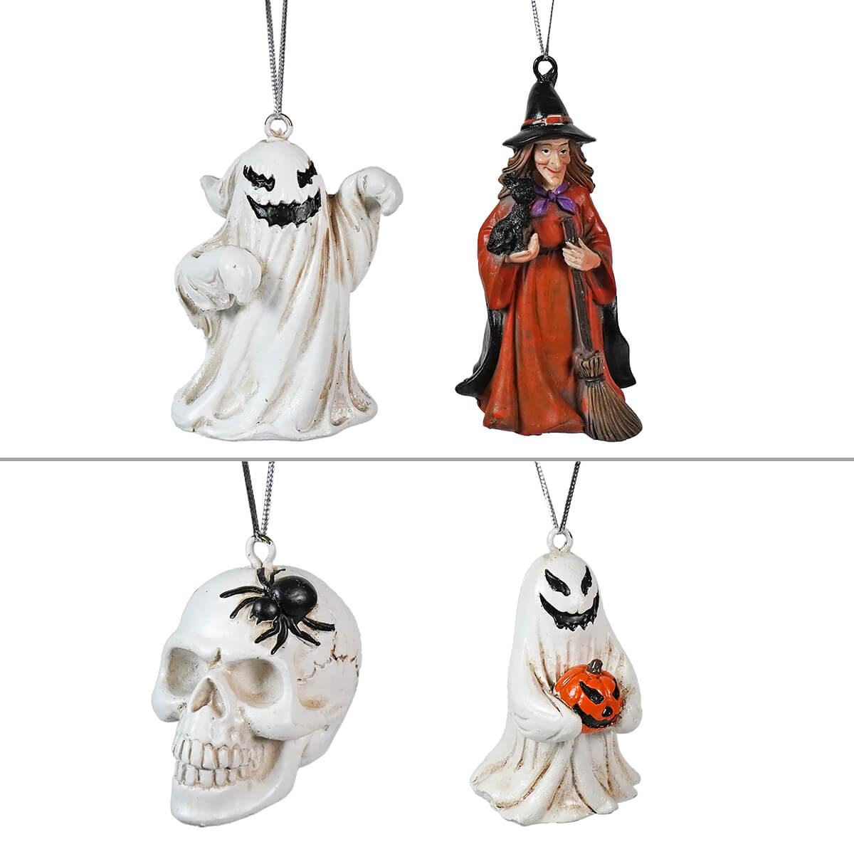 Set of four Halloween-themed ornaments or decorations.