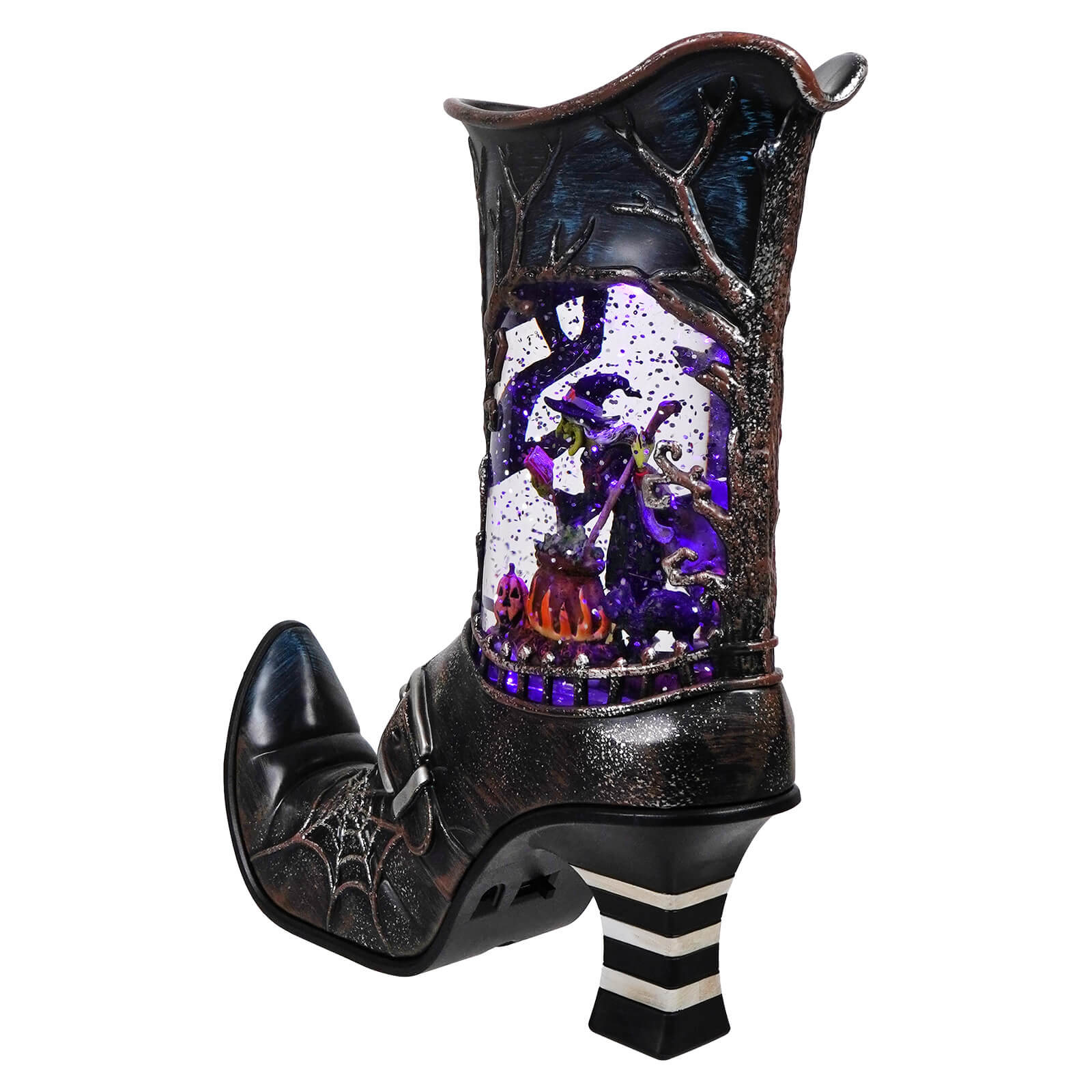10" LED Lighted Spinning Water Globe Boot Featuring Witch Stirring Bubbling Cauldron