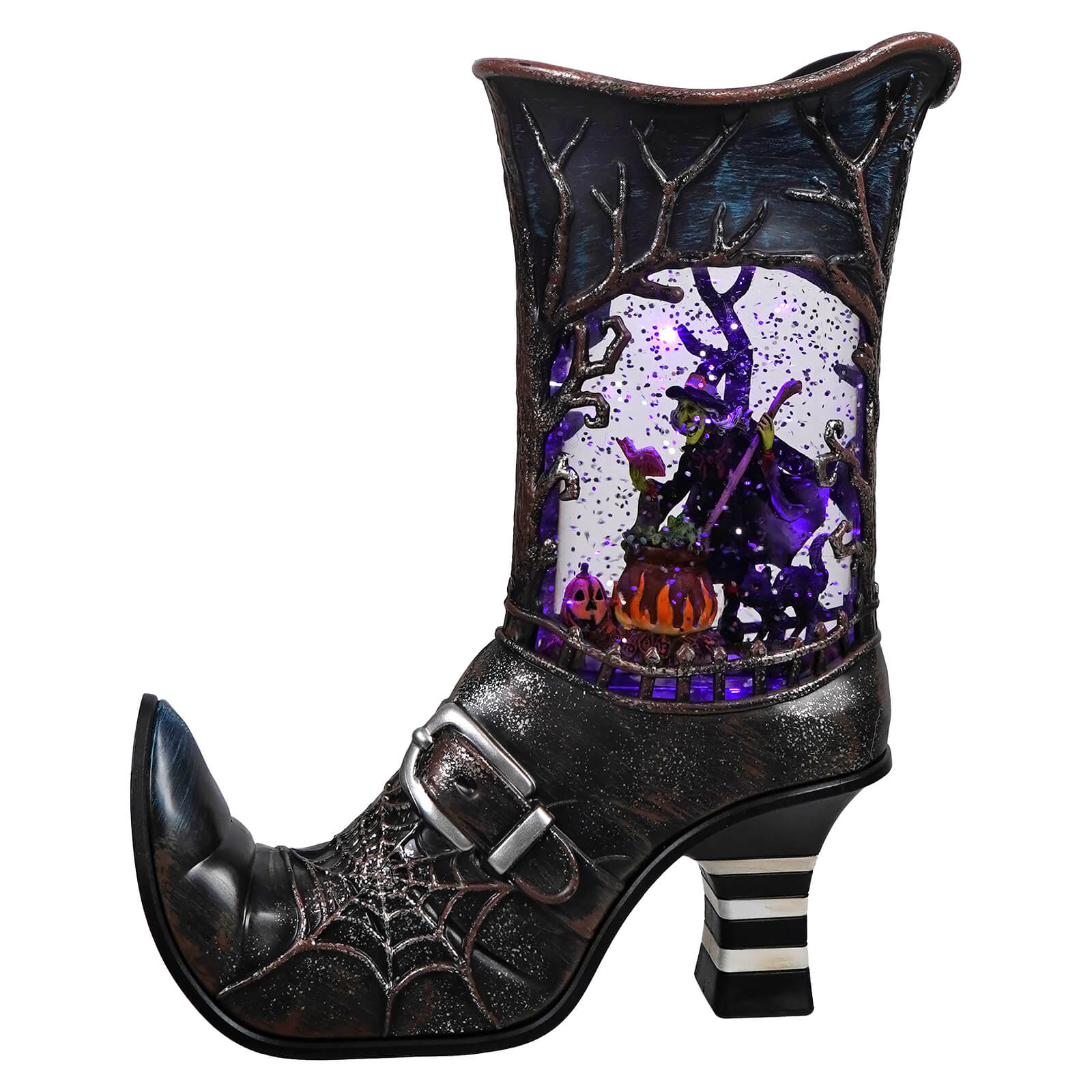 10" LED Lighted Spinning Water Globe Boot Featuring Witch Stirring Bubbling Cauldron