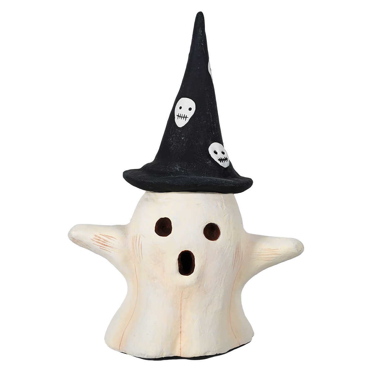 Paper Mache Ghost Wearing Witch Hat Figurine