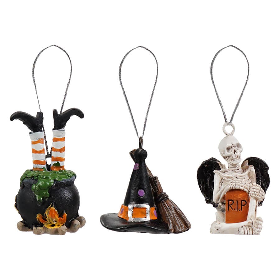 Witch Hat, Skeleton & Cauldron Halloween Ornaments Set/3